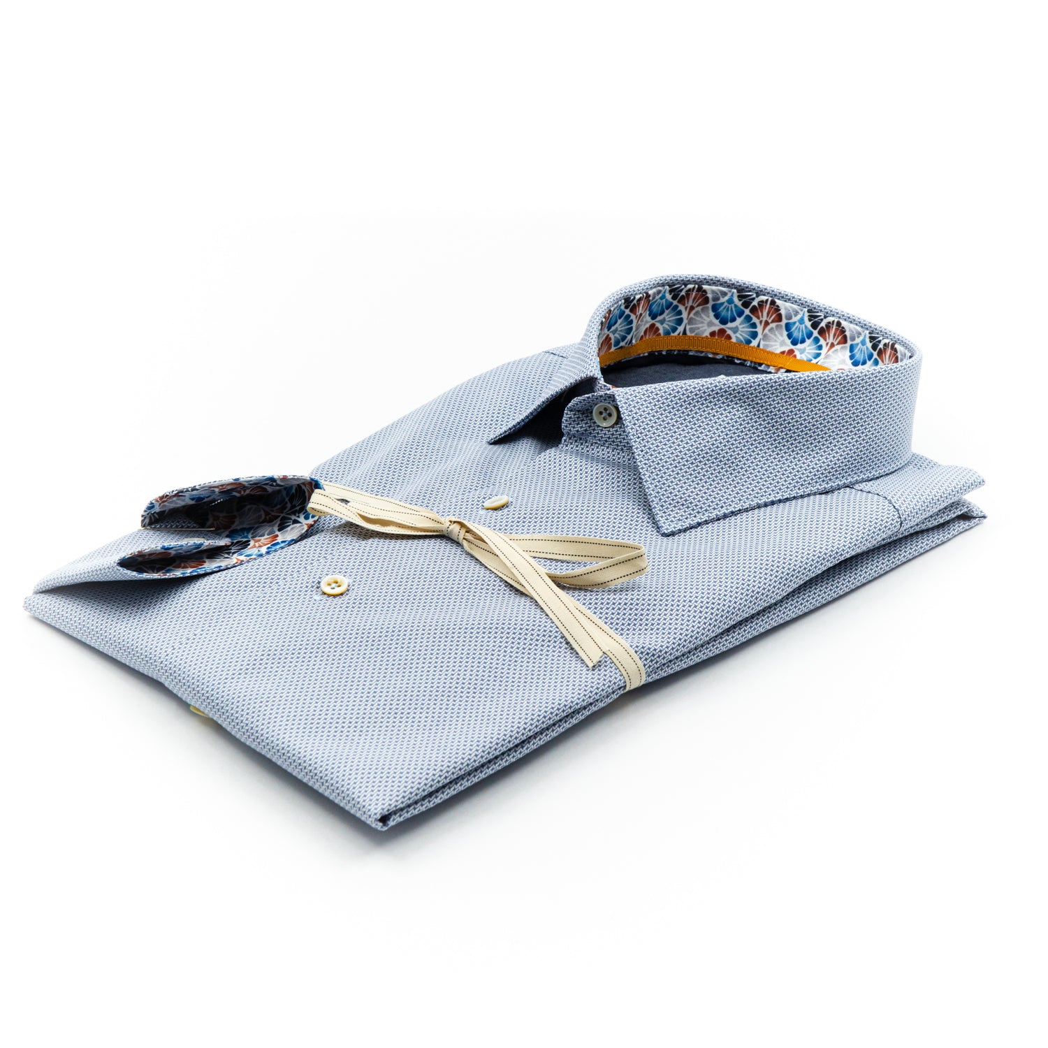 Camicia Microfantasia Azzurra con Dettagli Interni Floreali