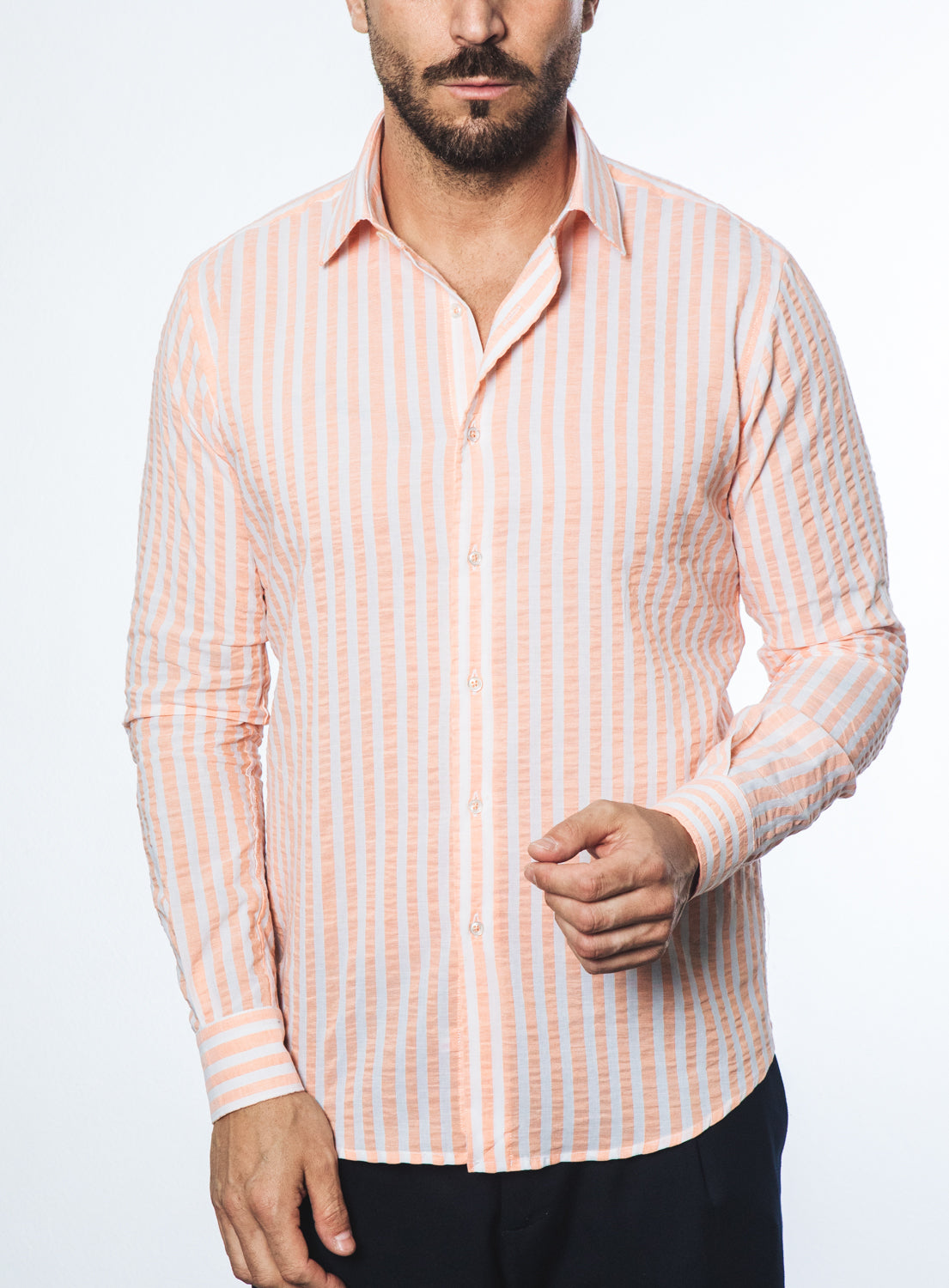 Camicia a Righe Arancio e Bianco in Cotone