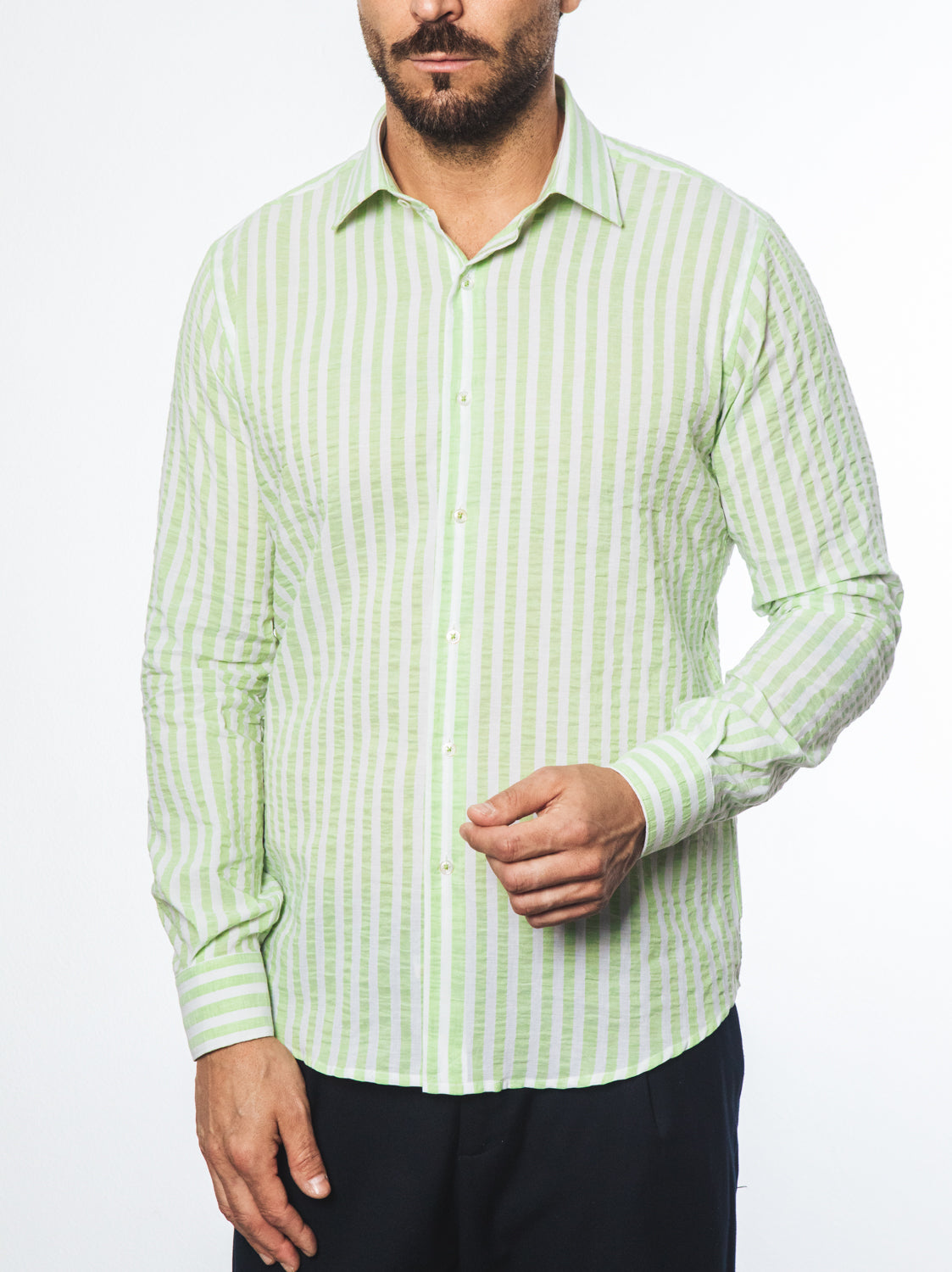 Camicia Righe Verdi e Bianche in Cotone Leggero
