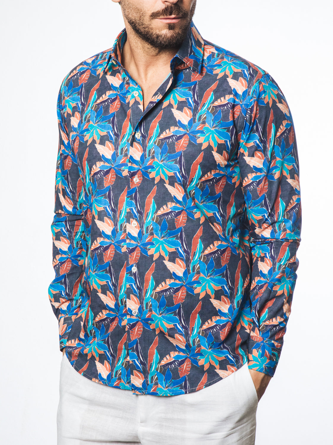 Camicia Fantasia Tropicale Multicolor Fondo Blu