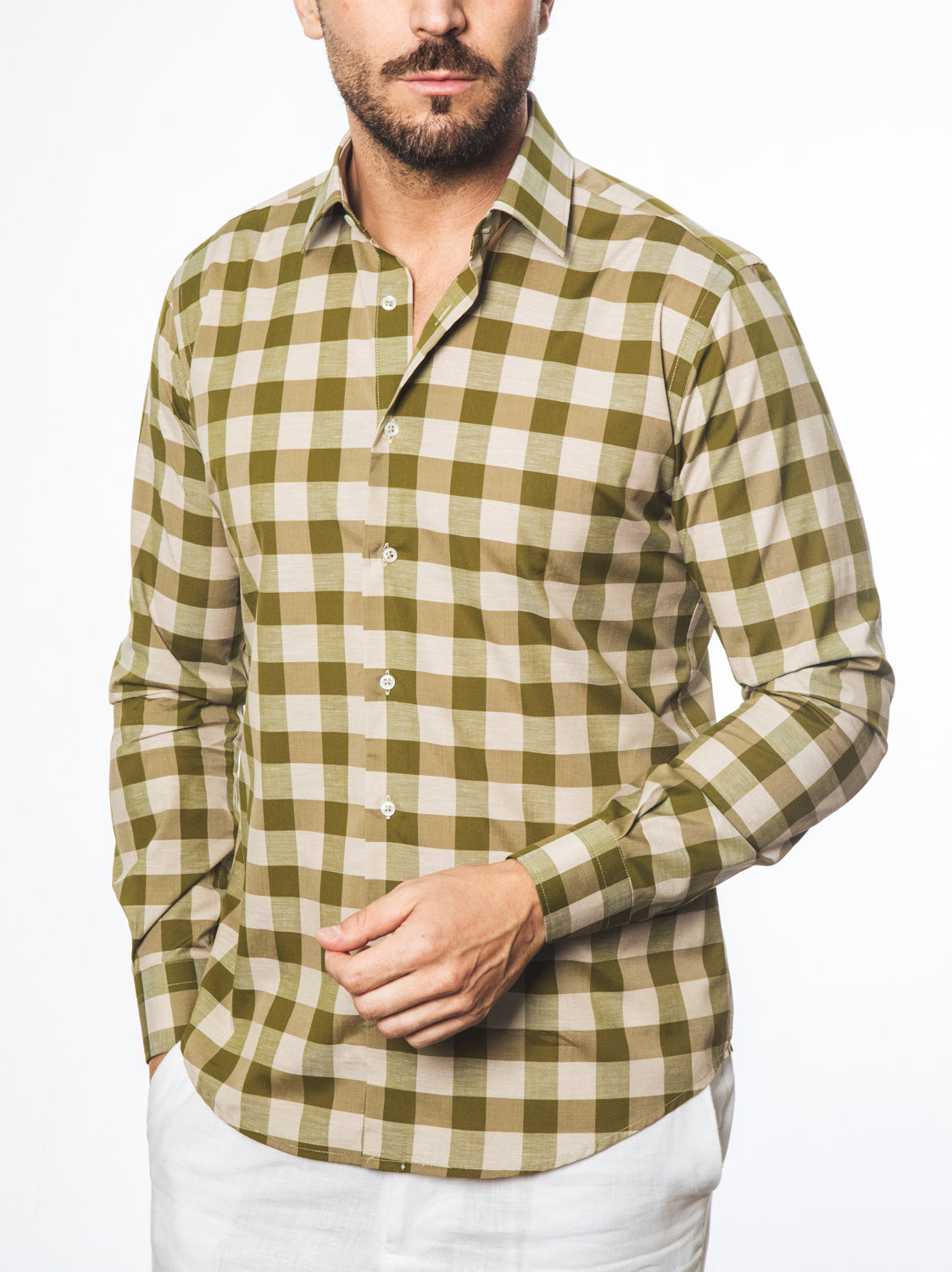 Camicia Quadri Verde Beige