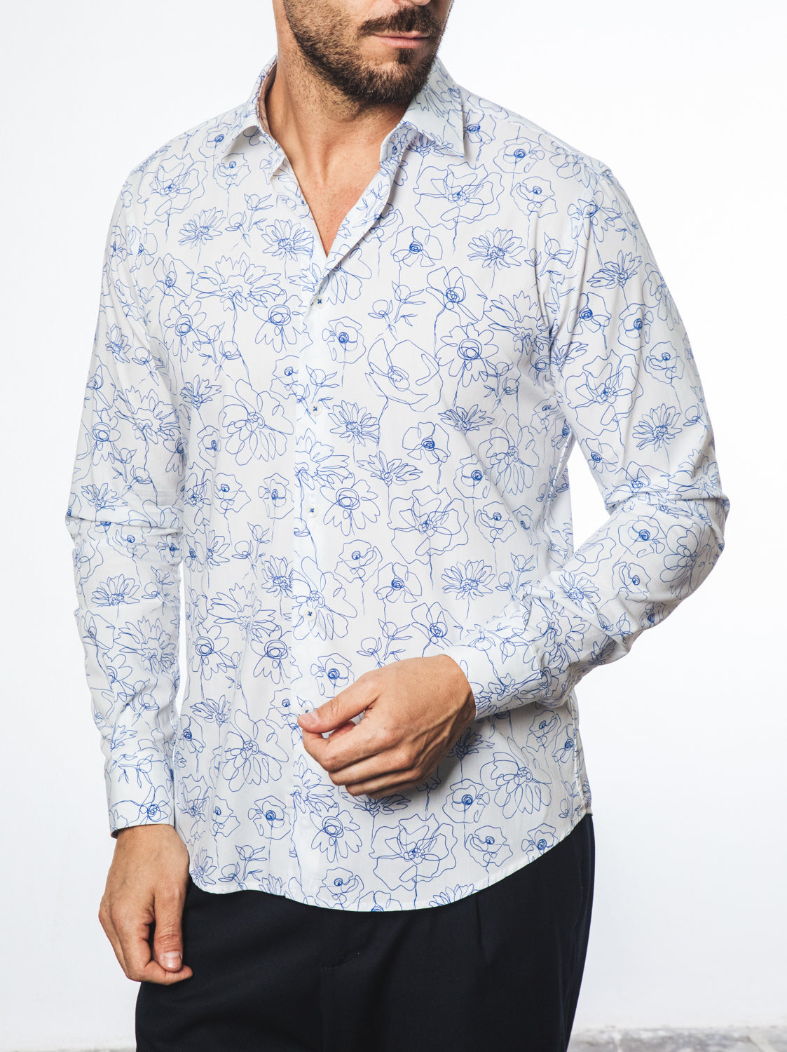 Camicia Fantasia Floreale Line Art Azzurro
