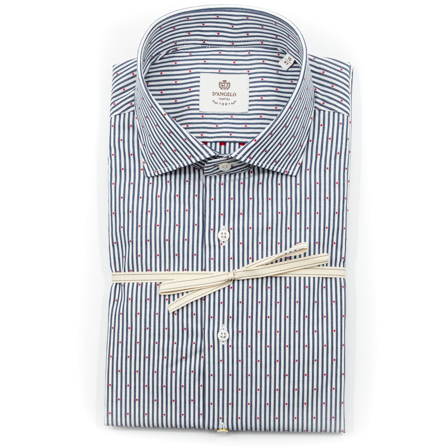 Camicia a Righe Blu con Micro Pois Rossi in Cotone