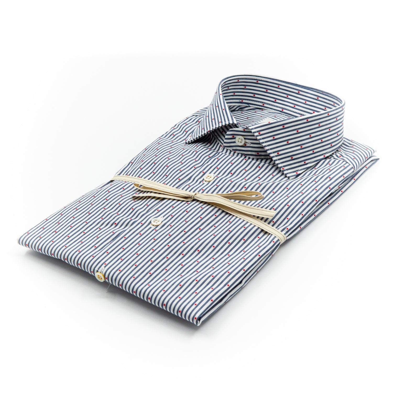 Camicia a Righe Blu con Micro Pois Rossi in Cotone