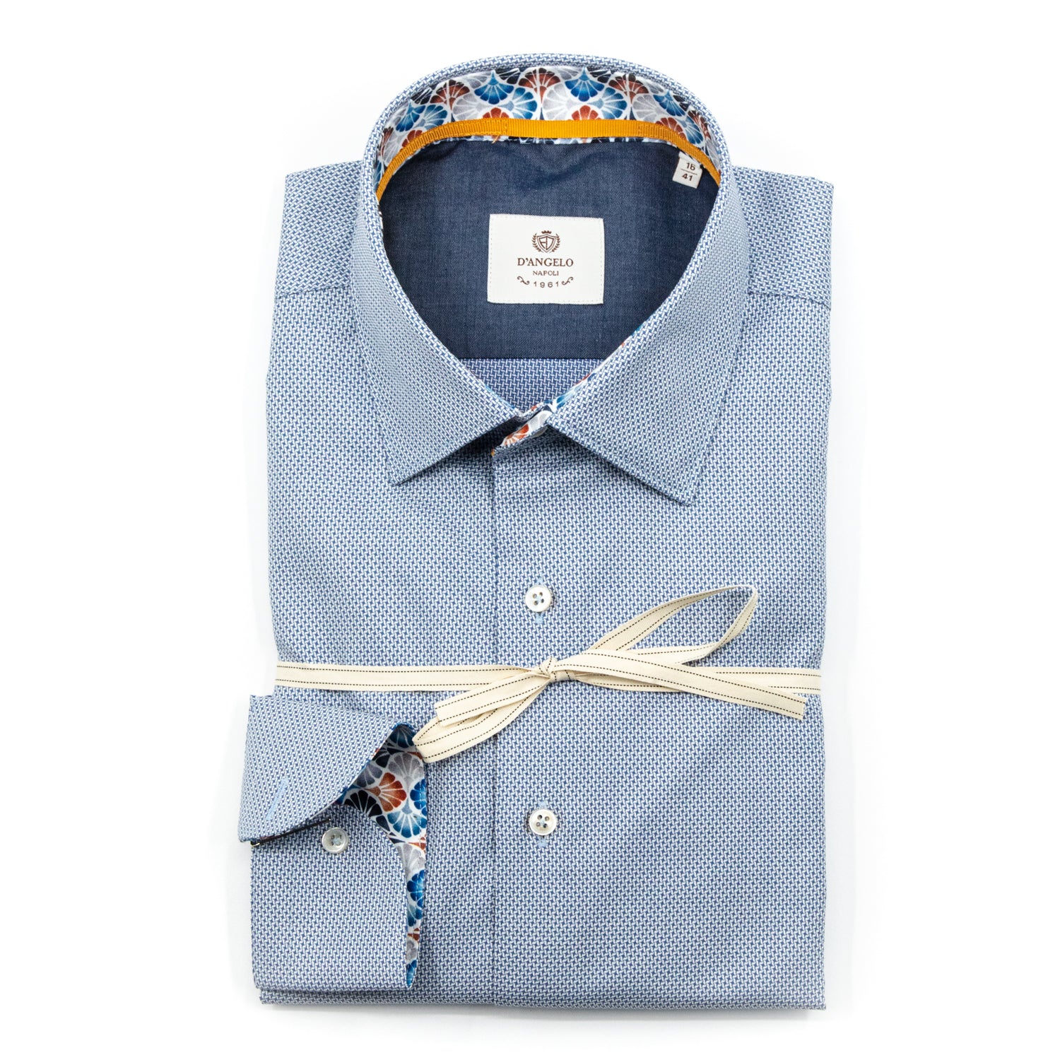 Camicia Microfantasia Azzurra con Dettagli Interni Floreali