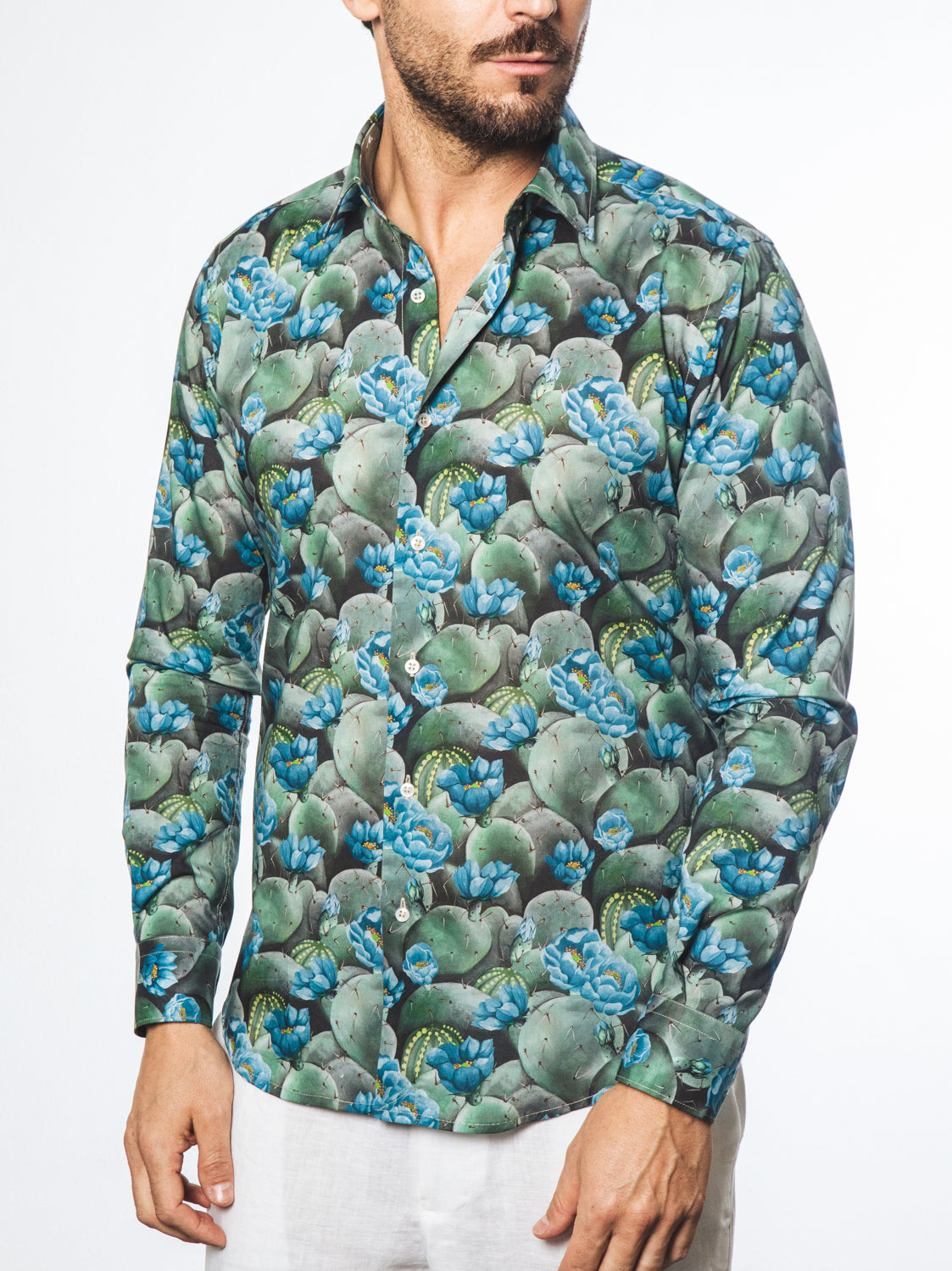 Camicia Fantasia Cactus e Fiori Azzurri
