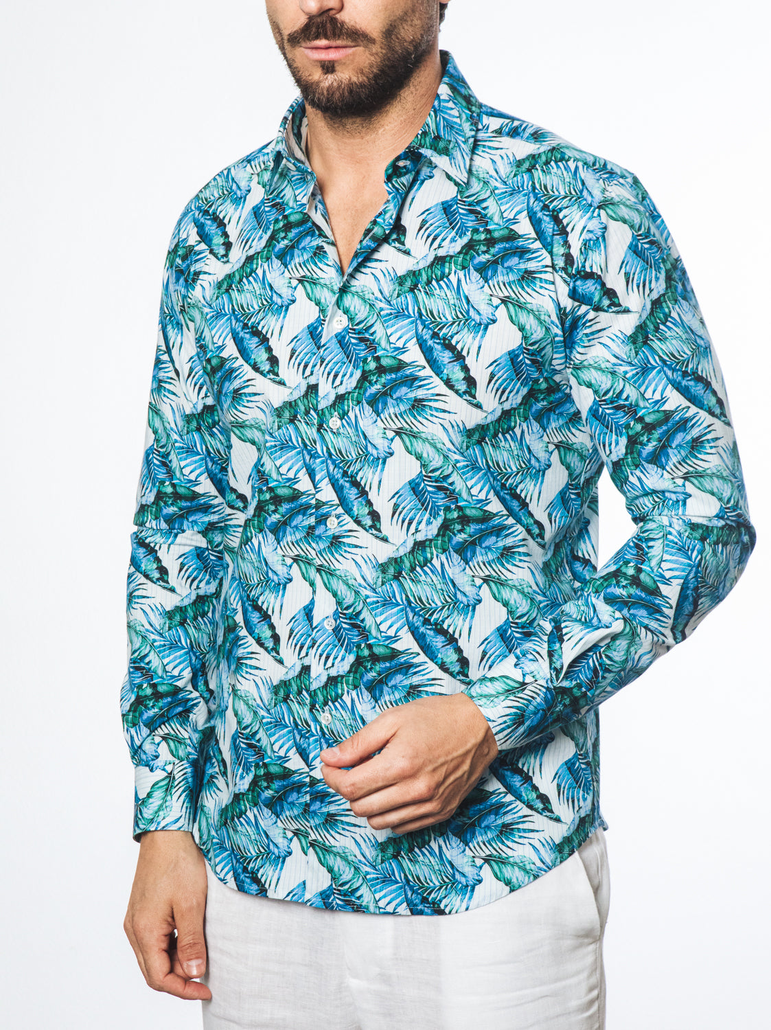 Camicia Fantasia Tropicale Foglie Azzurro/Verde