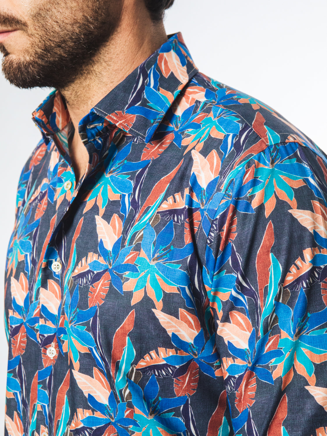Camicia Fantasia Tropicale Multicolor Fondo Blu