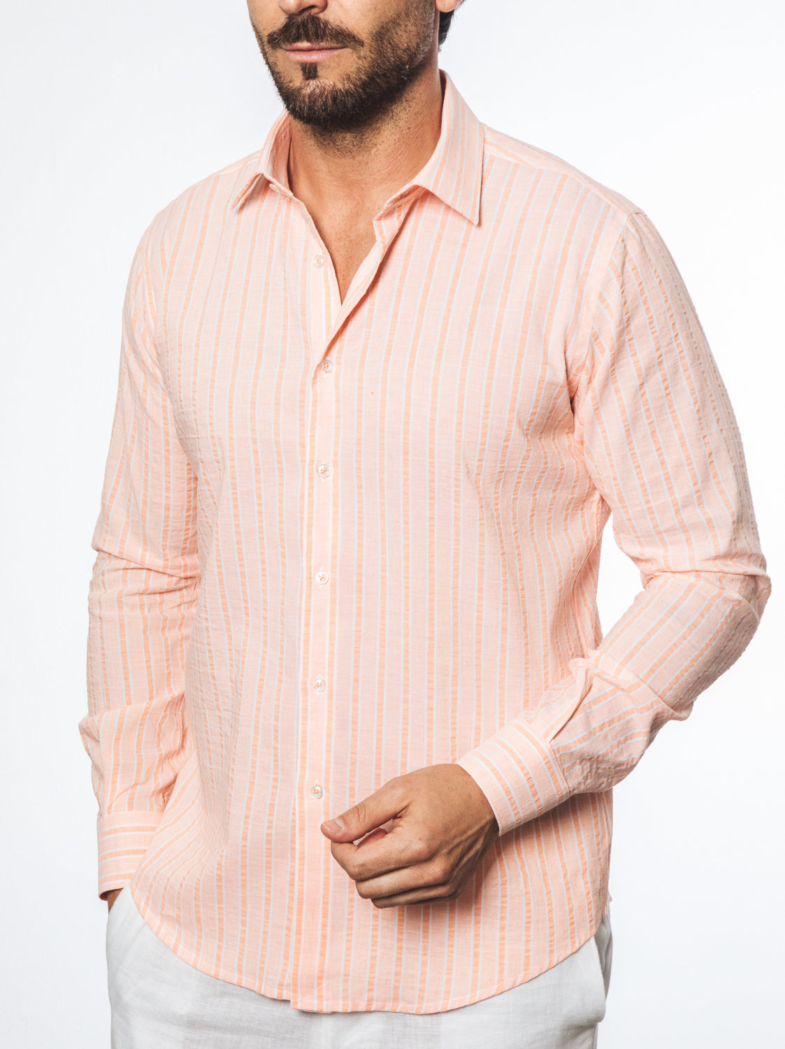 Camicia  Righe Arancio Chiaro in Cotone Leggero